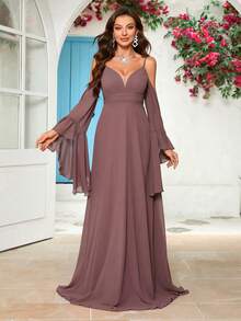 UNITHORSE Off-Shoulder Flare Sleeve Solid Color Bridesmaid Dress - Dusty Pink - View 7