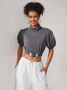 Brittney Do Designer Women's Solid Color High Collar Puff Sleeve Cropped Sweatshirt With Elastic Hem, For Summer, Holiday, Winter, Vacation - Grey - View 1