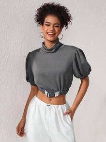 Brittney Do Designer Women's Solid Color High Collar Puff Sleeve Cropped Sweatshirt With Elastic Hem, For Summer, Holiday, Winter, Vacation - Grey - View 4