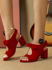 Qin TiNian （宽松版型）女士露趾蝴蝶结中跟休闲简约舒适红色婚礼派对易搭配高跟凉鞋 - 紅色 - 查看 3