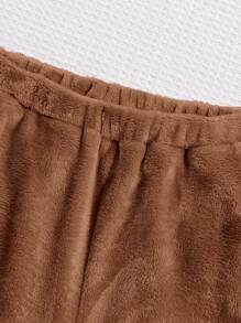 青少年針織純色雙面珊瑚絨t卹+褲子休閒家居服套裝 - 棕色 - 查看 7