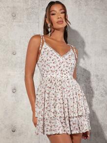 SHEIN Tall Floral Print Strappy Dress With Knot And Lace Detail On Shoulders