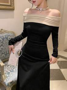 DAZY 女士撞色褶裥露肩连衣裙，生日、新年、舞会礼服，秋季长袖连衣裙，优雅女士连衣裙，嘉年华礼服 - 黑色 - 查看 4