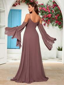 UNITHORSE Off-Shoulder Flare Sleeve Solid Color Bridesmaid Dress - Dusty Pink - View 2