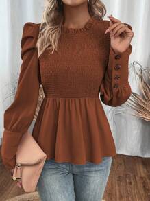 SHEIN LUNE 褶邊下擺平行縐縫拼接燈籠袖襯衫 - 棕色 - 查看 1