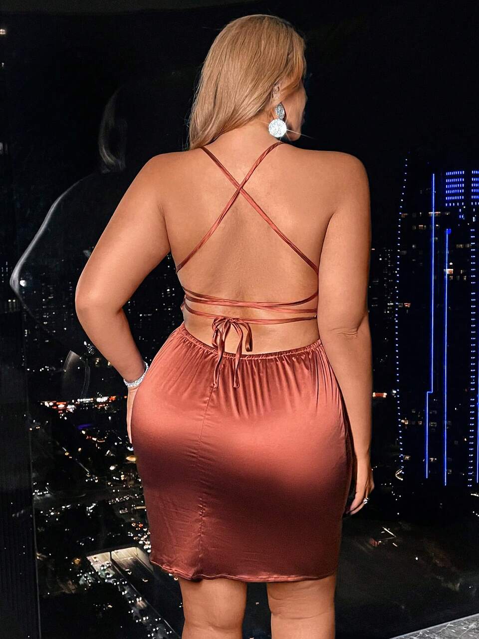 Plus Size Women's Satin Twist-Front Spaghetti Strap Dress