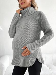 SHEIN Maternity Turtleneck Raglan Sleeve Sweater - Grey - View 3