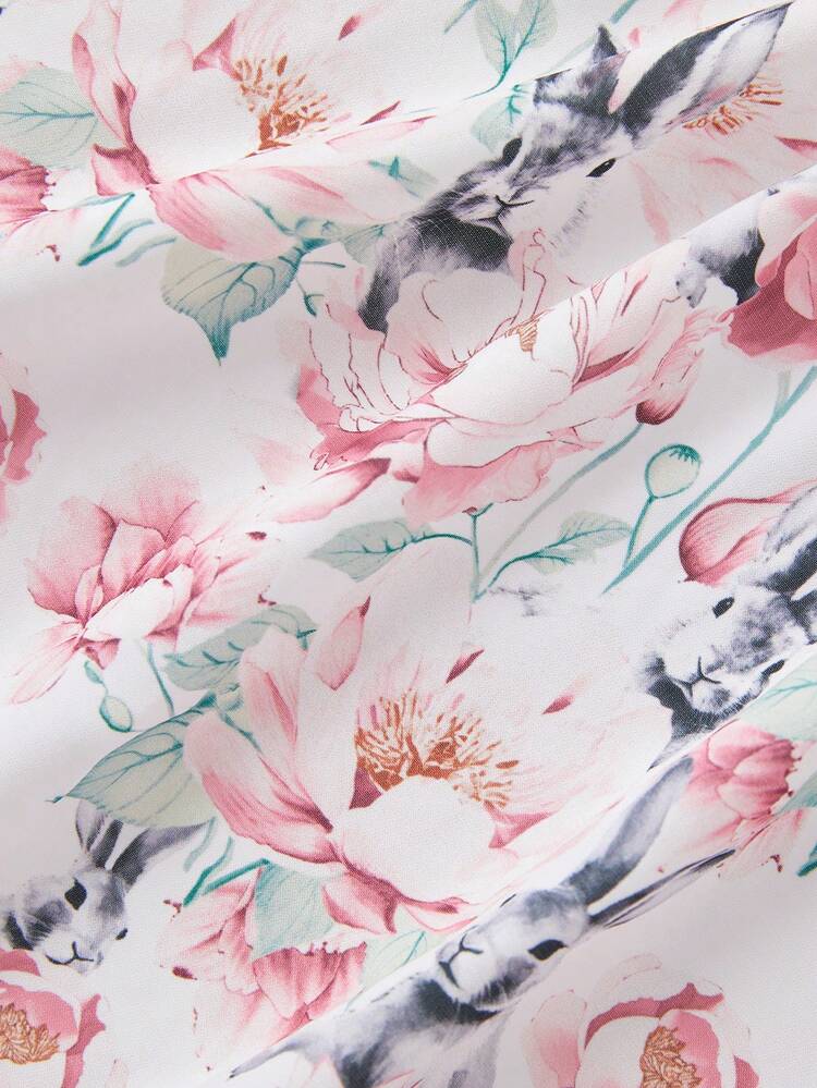 Baby Girls' Cute Rabbit & Flower Printed Flutter Sleeve Dress