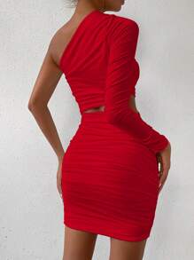 Zolique Vestido ajustado con un hombro, con pliegues y abertura para la Nochevieja - Rojo - Ver 2