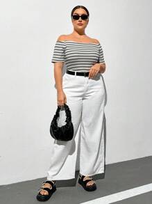 SHEIN Essnce Plus Size Women's Spring And Summer New Fashion Casual Vacation One-Shoulder Striped Short-Sleeved Tight T-Shirt