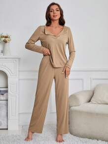 Solid Color Long Sleeve T-Shirt And Pants Pajama Set - Khaki - View 4