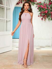 UNITHORSE 1 件纯色雪纺伴娘礼服，侧开衩，腰部收紧设计 - 粉色 - 查看 6