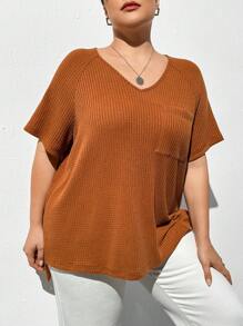 SHEIN Essnce 女士加大號休閒寬鬆v領短袖分裂t卹,適用於春/夏 - 棕色 - 查看 1