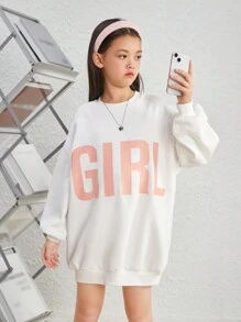 Tween 女孩寬鬆學院風圓領大字母印花衛衣連身裙 - 白色 - 查看 5