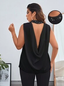 SHEIN Privé 大尺碼女露背翻領無袖襯衫 - 黑色 - 查看 1