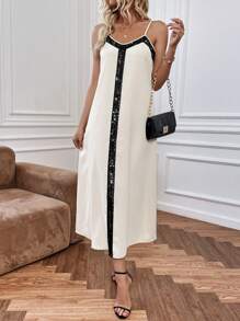 SHEIN Clasi Women's Sequin Patchwork Spaghetti Strap Dress - Apricot - View 3