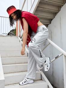 SHEIN Street Sport 印有字母的彈性腰運動褲 - 淺灰色 - 查看 8