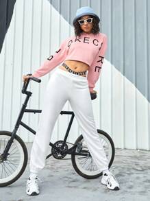 Street Sport 字母印花鋸齒襯衫和開口腰部汗水褲跑步套裝 - 粉色 - 查看 7