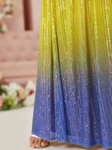 SHEIN Belle Elegant Romantic Multi-Color Gradient Fine Flash Hollow Bow Decorated Sequin A Pendulum Heavy Dress Dress