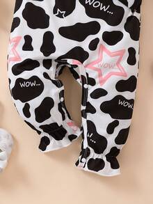 女嬰牛印花星星和字母印花拼接連身褲,荷葉邊底邊 - 粉色 - 查看 4