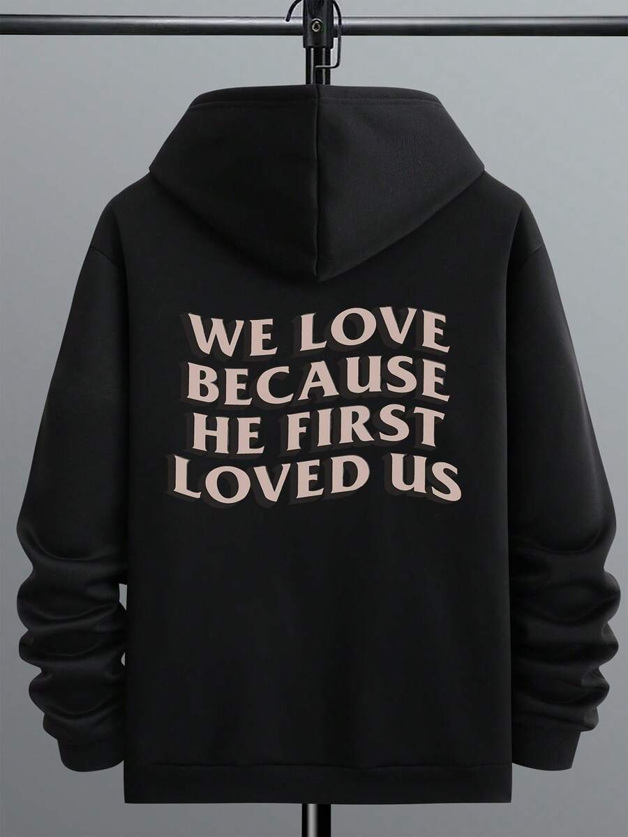 Men's Slogan Print Regular Fit Hoodie - Black - View 1