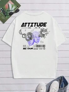 Manfinity EMRG 男士寬鬆版t卹,背面有龍紋圖案 - 白色 - 查看 2