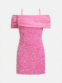 SHEIN Girls' Beaded Spaghetti Strap Elegant Dress, Sibling Outfits Matching Outfits (2 Pieces Are Sold Separately) - Pink - View 10