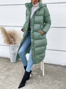 SHEIN LUNE 拉链闭合连帽加厚棉服外套衣服冬季带腰带 - 薄荷綠 - 查看 4