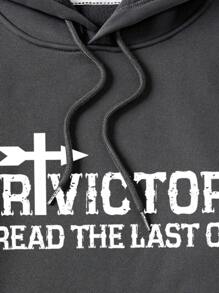 男士标语印花保暖内衬连帽衫 - 深灰色 - 查看 5