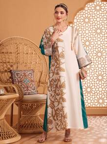 Al Najma 女士时尚优雅随机花卉印花 V 领长袖阿拉伯风格连衣裙，朴素的卡夫坦