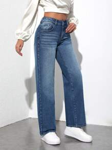 SHEIN Tall 女性直筒牛仔褲 - 中等水洗藍 - 查看 6