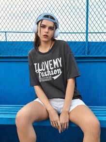 Street Sport Slogan Printed Round Neck Drop Shoulder Sleeve Sports T-Shirt - Black - View 3