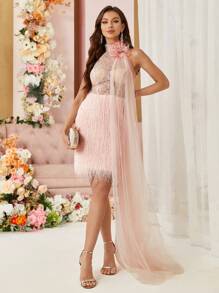 SHEIN Belle Vestido De Noche Decorado Con Flores 3d Y Lentejuelas, Encaje Y Detalles De Piel Con Estilo Pesado - Rosa - Ver 2