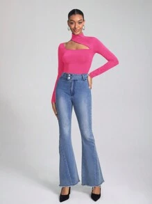 NEW FEMME E款高領長袖連體衣,帶折線割開設計 - 玫紅色 - 查看 6