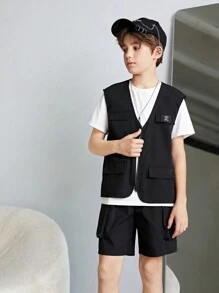 3 件/套 男生寬鬆休閒梭織實用背心、t 恤和短褲套裝 - 黑色 - 查看 3