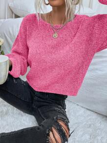 SHEIN Essnce Của phụ nữ Thả vai Tay áo dài Giải trí Áo len Áo chui đầu - Màu Hồng Tươi - Xem 1