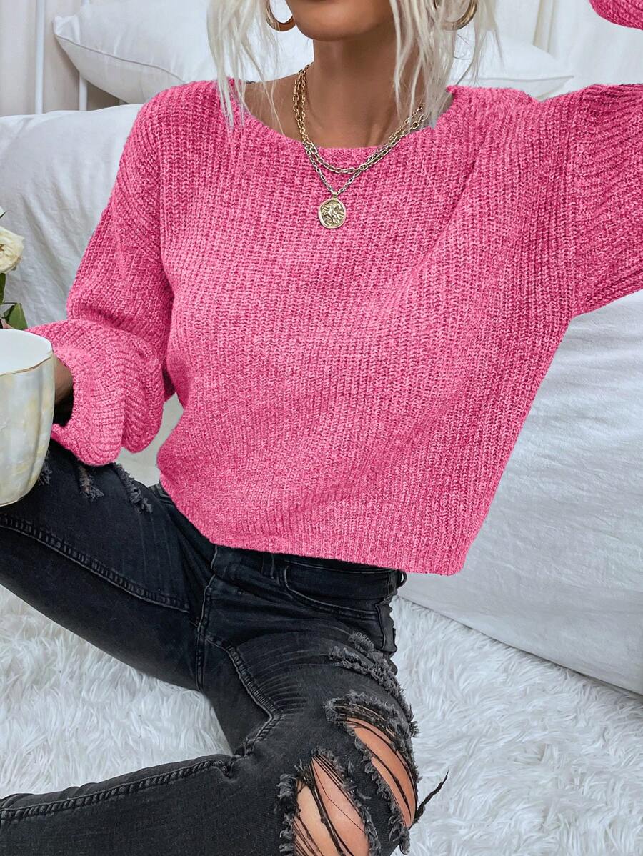 SHEIN Essnce Của phụ nữ Thả vai Tay áo dài Giải trí Áo len Áo chui đầu - Màu Hồng Tươi - Xem 1