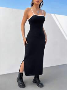 SHEIN EZwear Vestido Tipo Camisola Tejido Con Estilo Deportivo Para Mujeres Con Detalles Contrastantes