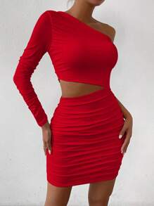 Zolique Vestido ajustado con un hombro, con pliegues y abertura para la Nochevieja - Rojo - Ver 4