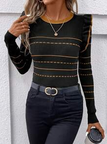 SHEIN Clasi Striped Tight Knit Sweater,Long Sleeve Tops - Black - View 4