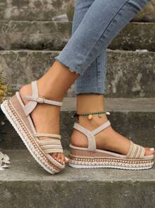 全新金色編織女式坡跟厚底鞋,適合休閒度假裝 - 卡其色 - 查看 2