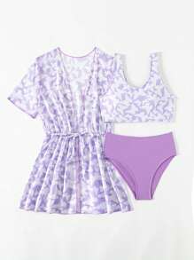 SHEIN Bộ Bikini Tween Girl In Hình Bướm Phù Hợp Với Bộ Đi Biển Mùa Hè - Màu tím - Xem 3