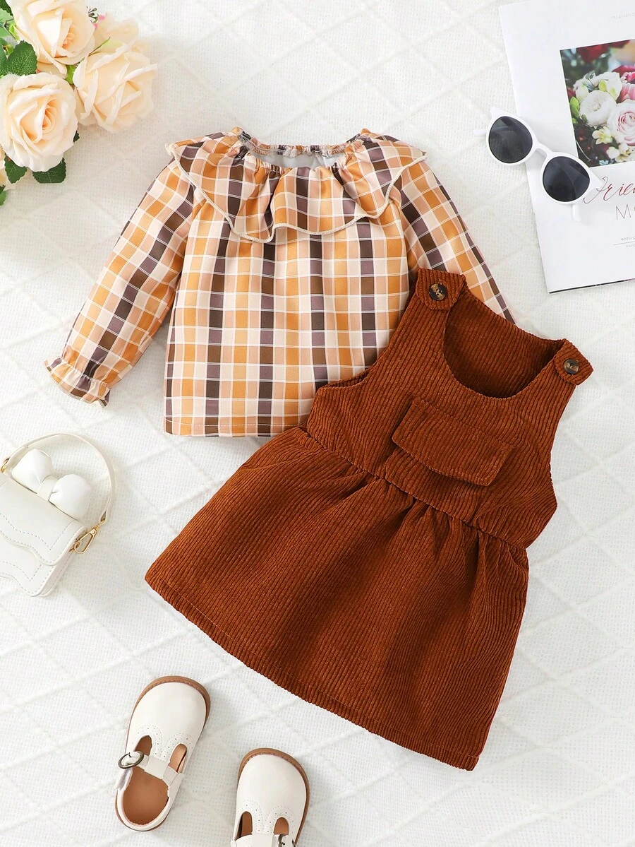 寶寶女孩可愛格紋長袖上衣和裙子套裝,適用於冬季 - 彩色 - 查看 1