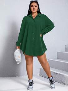 SHEIN Essnce 女性大尺碼鬆身襯衫裙 - 墨綠色 - 查看 7