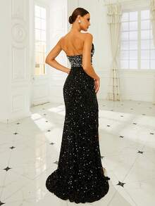 Missord Women'S High Slit Sequined Strapless Evening Party Dress - Black - View 2