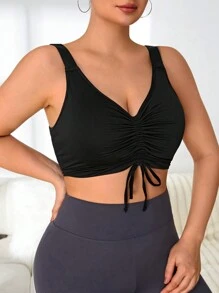 SHEIN Yoga Basic 大尺碼女運動文胸,內建胸圍和可調式褶皺正面 - 黑色 - 查看 4