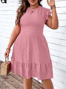 SHEIN LUNE 女裝大碼純色圓領荷葉邊裝飾連衣裙 - 粉色 - 查看 3