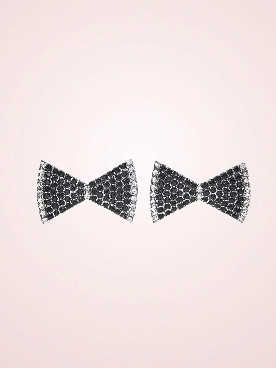 SHEIN MOD 1 Par De Pendientes Con Lazo Llenos De Diamantes De Imitación En Diseño Personalizado - Blanco y Negro - Ver 1