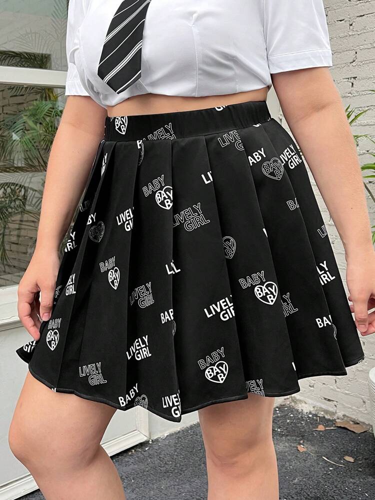 Women's Plus Size Alphabet & Heart Print Pleated Skirt