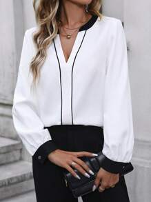 Editum Women'S Color Block Stripe Notch Collar Shirt Work Women Shirts,Long Sleeve Tops - Black and White - View 5